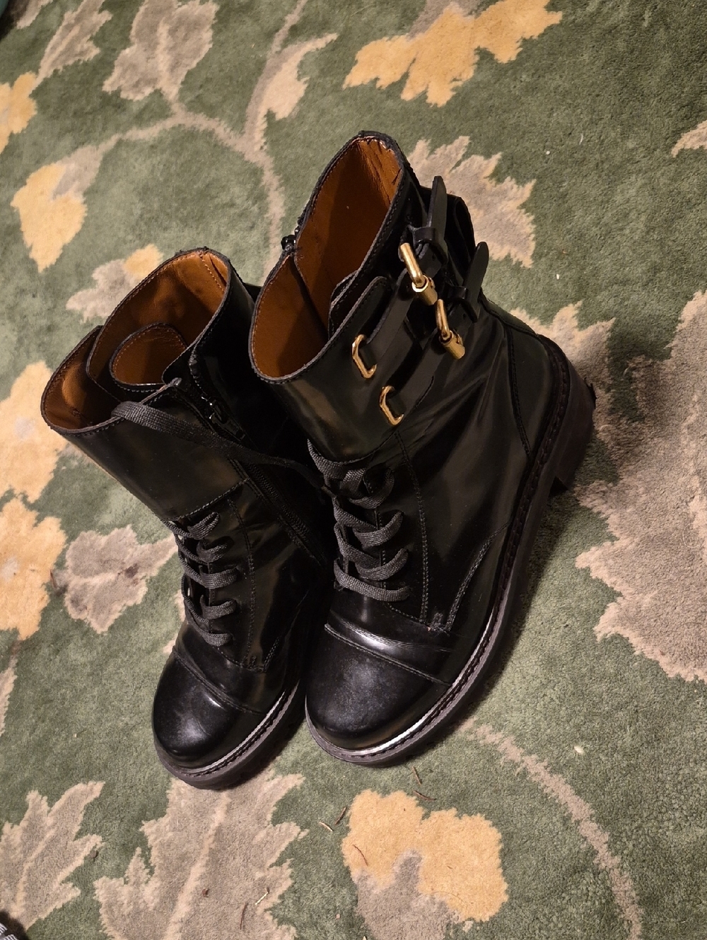 Women's Black Lace-Up Ankle Boots with Gold Buckle Detail
